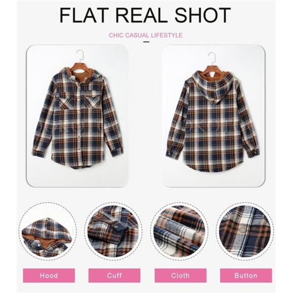 Womens Plaid Shacket Jacket Long Sleeve Button Down Fleece Hooded - Picture 6 of 7